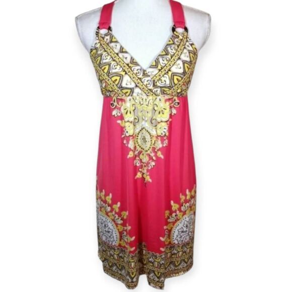 INC INTERNATIONAL CONCEPTS CORAL/PINK, YELLOW & WHITE DRESS WITH RHINESTONES SZ. - Picture 1 of 6